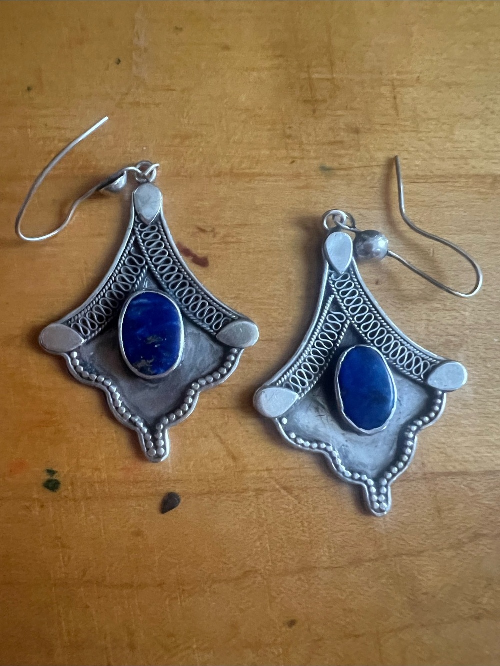 Vintage Handmade Lapis Lazuli Tribal Ethnic Silver-Silver Alloy Dangle Earrings